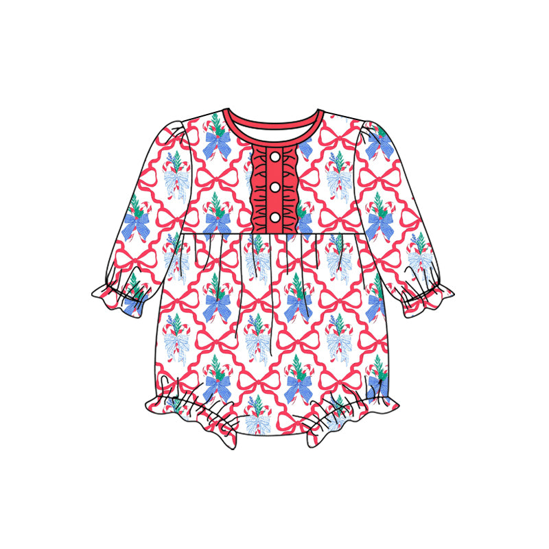Preorder (moq 5)Baby Girls Long Sleeves Red Bows Candy Cane Plaid Button Ruffle Rompers