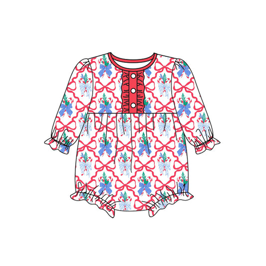 Preorder (moq 5)Baby Girls Long Sleeves Red Bows Candy Cane Plaid Button Ruffle Rompers
