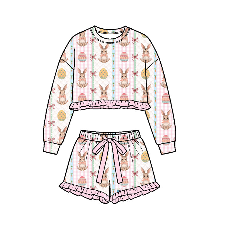 Preorder (moq 5) Girls Easter Pink Bunny Print Bow Ruffle Top & Shorts 2-Piece Set