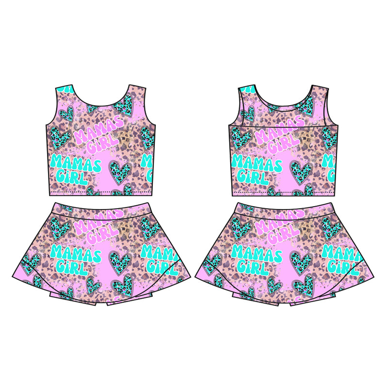 Preorder (moq 5)Baby Girls Hot Pink Sleeveless MAMA'S GIRL Leopard Hearts Top Skort Yoga Active Set