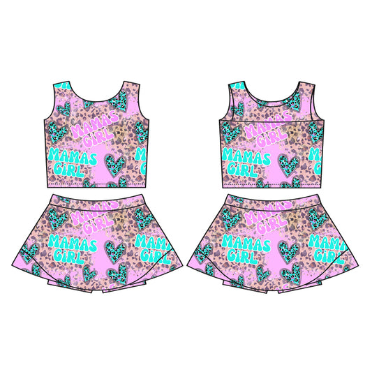 Preorder (moq 5)Baby Girls Hot Pink Sleeveless MAMA'S GIRL Leopard Hearts Top Skort Yoga Active Set