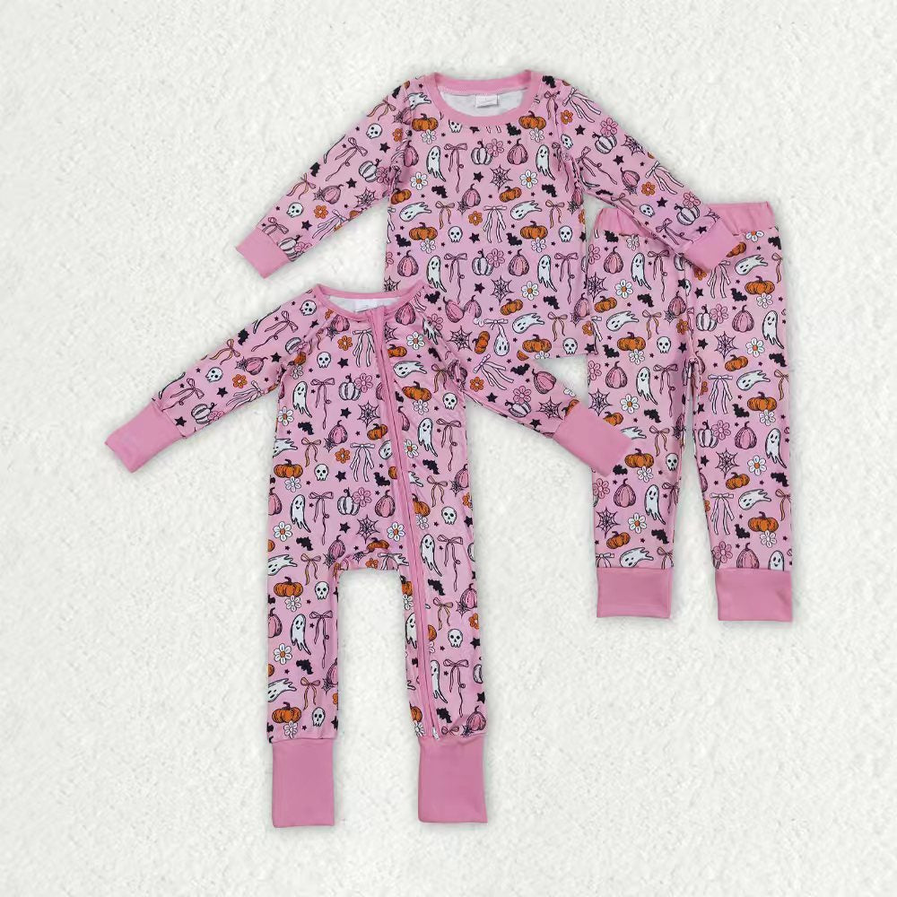 Sibling Baby Girls Pink Ghosts Pumpkins Halloween Rompers Pajamas Sets