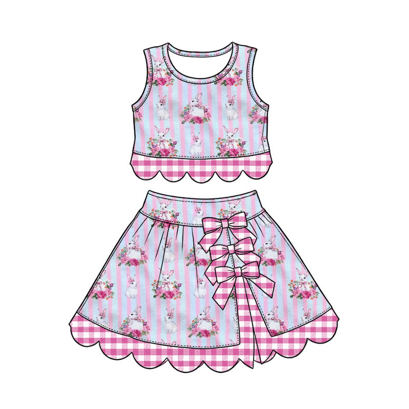 Preorder (moq 5) Baby Girl Clothes Easter Bunny Bouquet Pink Blue Stripe Print Sleeveless Crop Top Bow Skirt Outfit Set