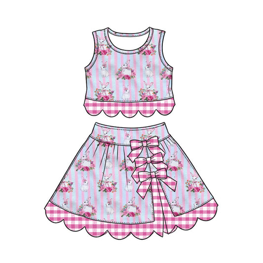 Preorder (moq 5) Baby Girl Clothes Easter Bunny Bouquet Pink Blue Stripe Print Sleeveless Crop Top Bow Skirt Outfit Set