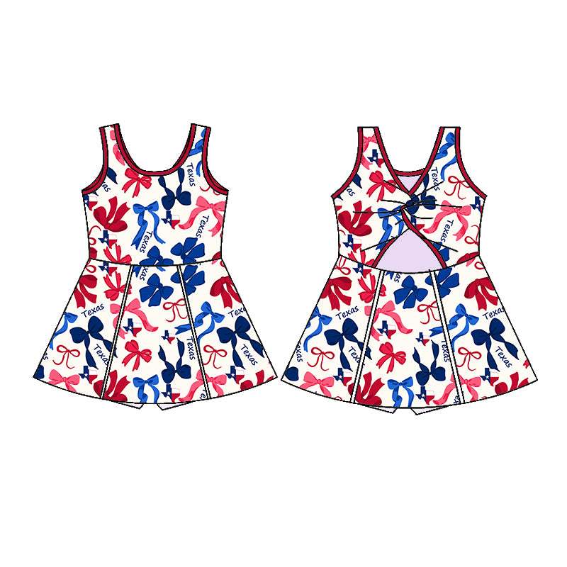 Preorder (moq 5)Baby Girls Sleeveless Red Blue Bows Plaid Texas Short Team Knee Length Dresses