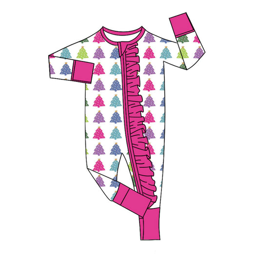 Preorder (moq 5)Baby Girls Colorful Trees Christmas Two Way Ruffle Zip Convertible Rompers