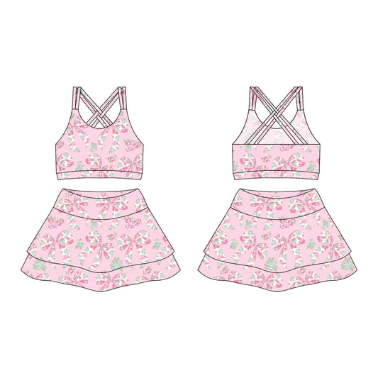 Preorder moq 10 Baby Girls Pink Strap Floral Bows Activity Wear Vests Top Short Skirts Yoga Set