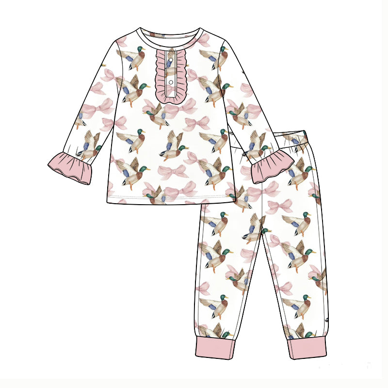 Preorder (moq 5) Baby Girl Mallard Duck Pink Bow Print Long Sleeve Ruffle Henley Top Cuff Pant Pajama Set