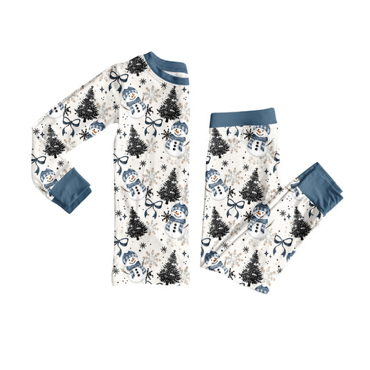 Preorder (moq 5)Baby Girls Long Sleeves Blue Bows Snowman Plaid Top Pants Pajamas Set