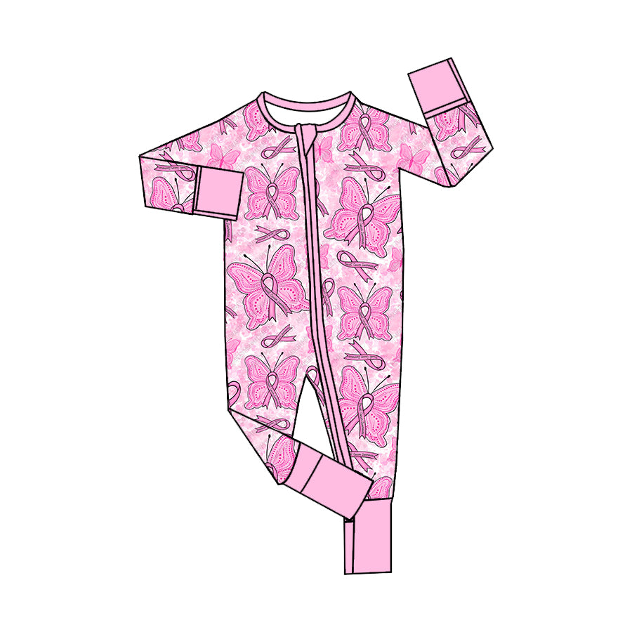 Baby Infant Girls Pink Butterfly Long Sleeve Zip Rompers preorder(moq 5)