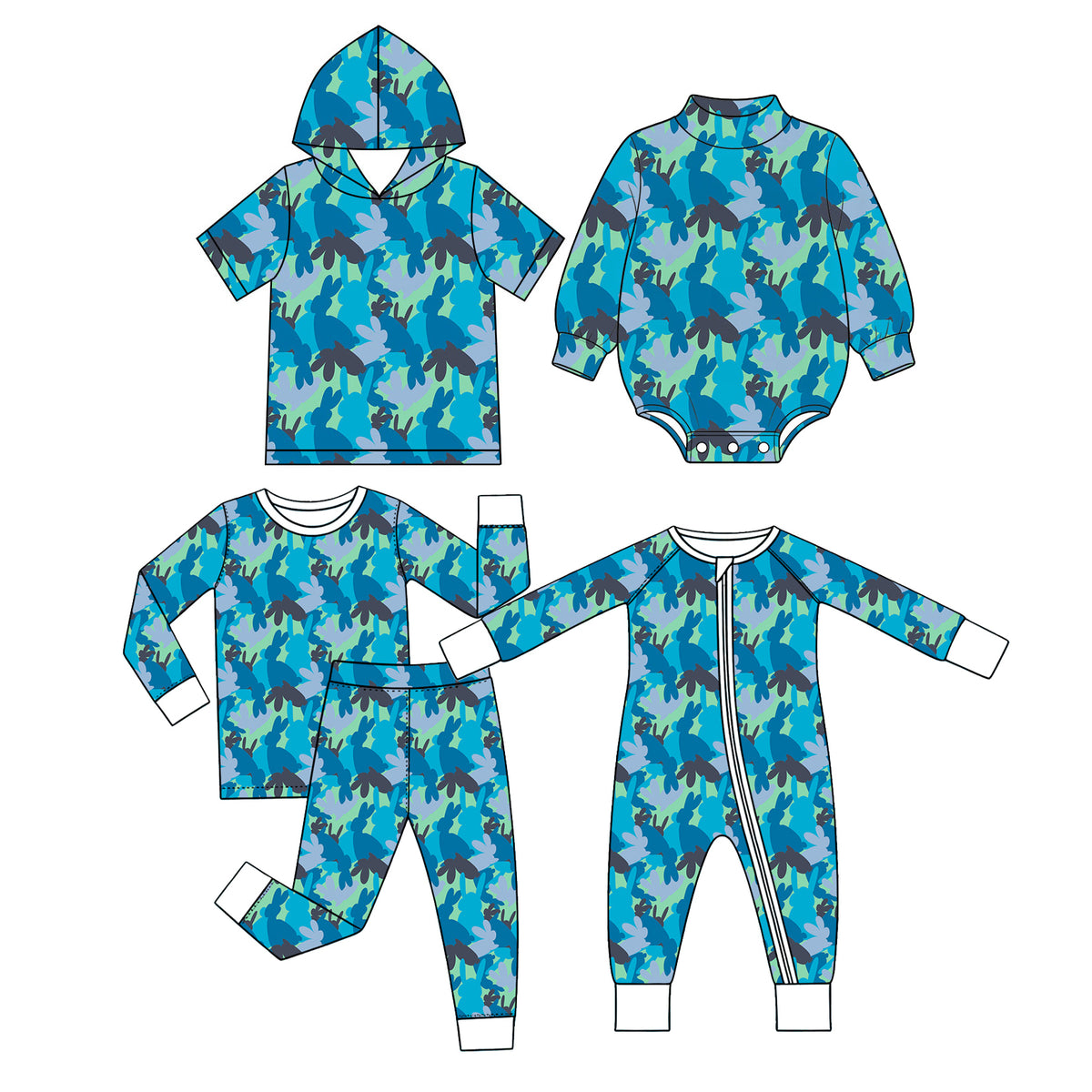 Preorder (moq 5) Baby Boy Clothes Easter Blue Camo Bunny Silhouette Mixed Print Long Sleeve Mock Neck Bubble Romper
