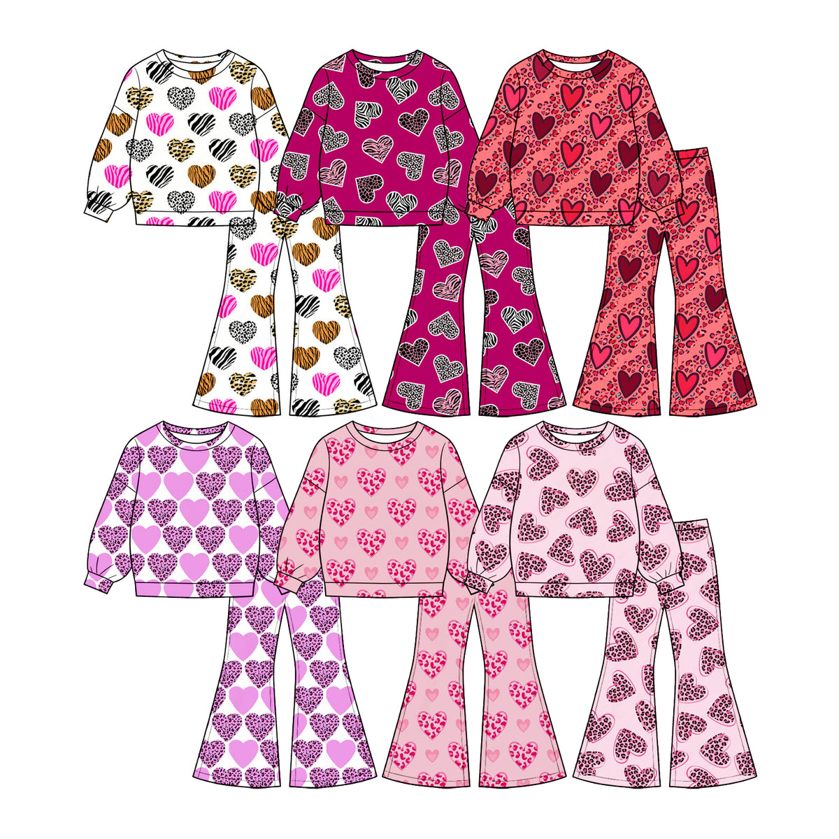 Preorder (moq 5) Baby Girl Clothes Valentine Purple Leopard Solid Heart Print Long Sleeve Flare Pant Set