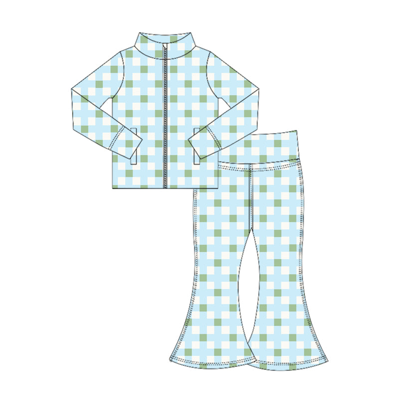 Preorder (moq 5)Baby Girls Aqua Plaid Zipper Pockets Jackets Bell Bottom Pant Set
