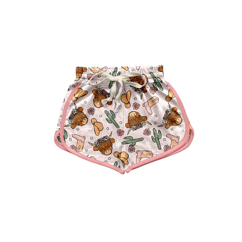 Baby Girls Western Highland Cows Cactus Sports Shorts Bottoms Preorder(moq 5)