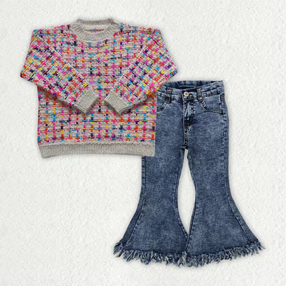 Baby Girls 2pcs Pink Colorful Fall Long Sleeve Sweaters Denim Pants Sets