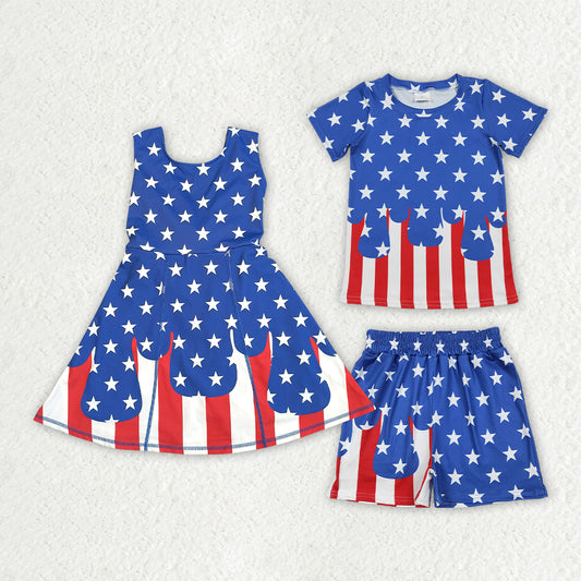 Sibling Baby Kids Stars Stripe Top Shorts 4th of July Clothes Set Yoga Short Knee Length Dress