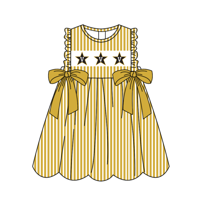 Preorder (moq 5)Baby Girls Sleeveless Gold Stripe V Stars Bows Team Knee Length Dresses