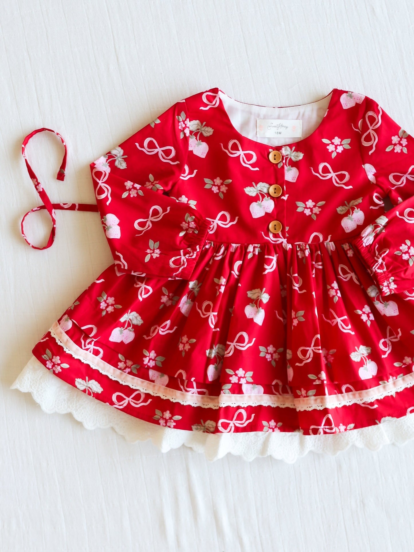 Baby Girls Red Flowers Bows Long Sleeve Knee Length Dresses Preorder(moq 5)