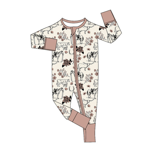 Baby Infant Girls Western Horse Flowers Zip Rompers preorder(moq 5)