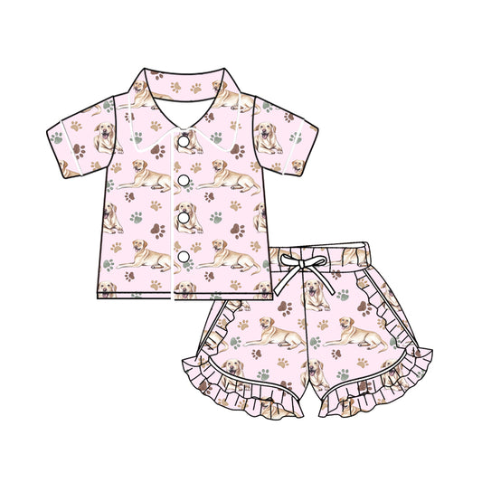 Baby Girls Pink Dogs Paws Buttons Top Ruffle Shorts Pajamas Sets preorder(MOQ 5)