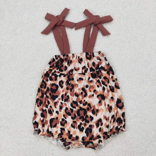 Baby Infant Girls Dark Brown Bows Strap Leopard Rompers
