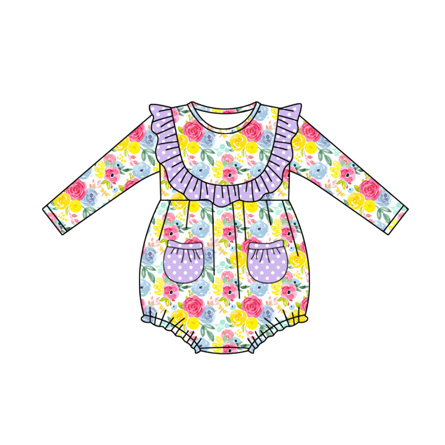 Baby Infant Girls Purple Flowers Long Sleeve Rompers preorder(moq 5)