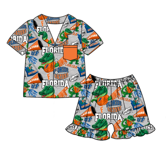 Preorder (moq 5)Baby Girls Short Sleeves Dinosaurs Florida Button Pocket Top Ruffle Shorts Team Pajamas Set
