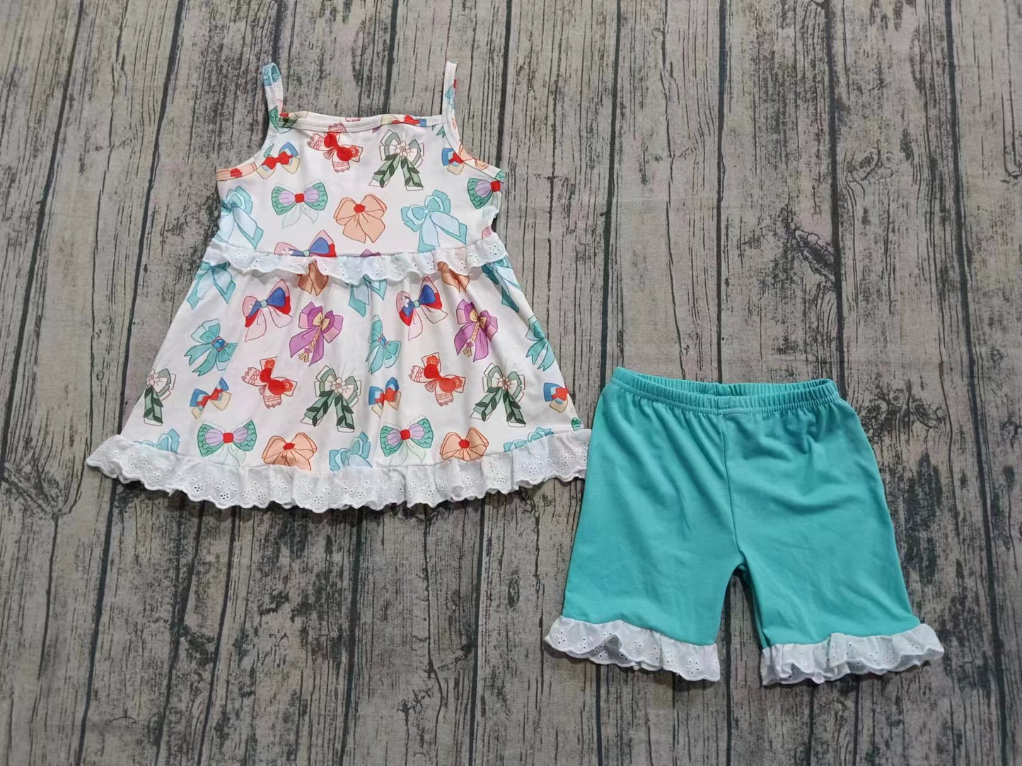 Preorder (moq 5)Baby Girls Strap Colorful Bows Plaid Tunic Ruffle Shorts Set