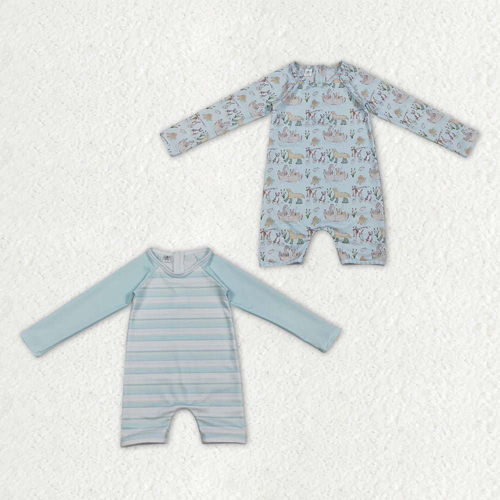 Sibling Baby Boys Long Sleeve Dogs Fishing Back Zip Romper Swimsuits