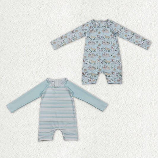 Sibling Baby Boys Long Sleeve Dogs Fishing Back Zip Romper Swimsuits