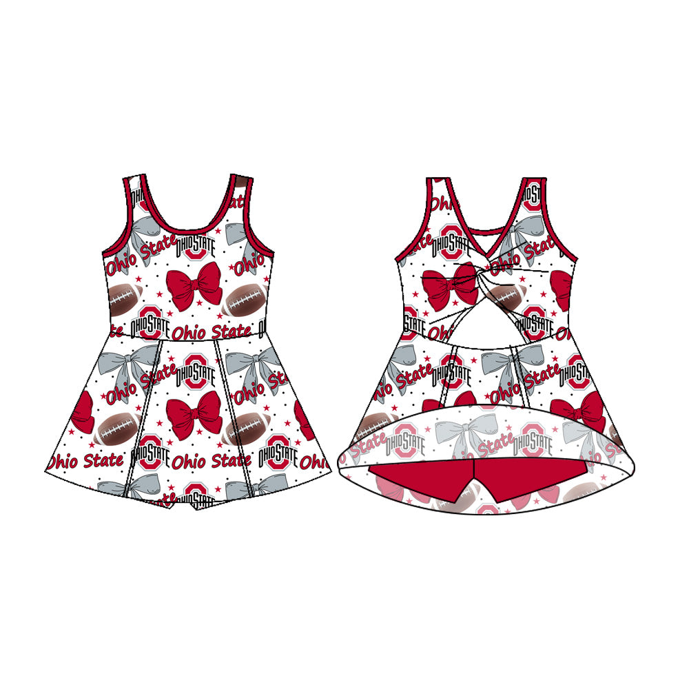 Preorder (moq 5)Baby Girls Sleeveless Bows Footballs Ohiostate Shorts Team Knee Length Dress