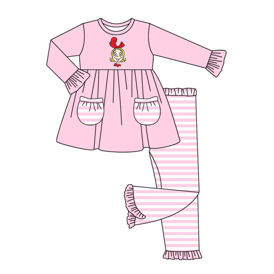 Baby Girls Pink Christmas Cindy Pockets Tunic Top Ruffle Pants Clothes Sets Preorder(moq 5)