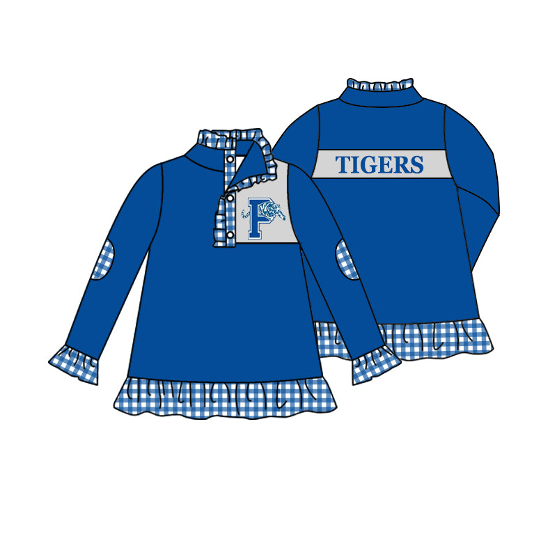 Team Baby Girls Long Sleeve Tigers Blue Buttons Pullover Shirt Tops preorder(moq 5)