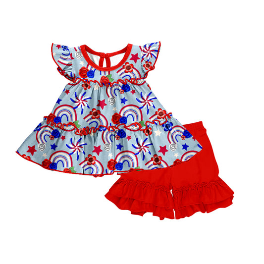 Baby Girls 4th Of July Rainbow Flowers Tunic Top Ruffle Shorts Clothes Sets preorder(moq 5)