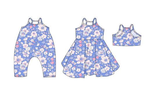 Preorder moq 5 Custom Baby Girls Lavender Strap Floral Knee Length Dresses Rompers
