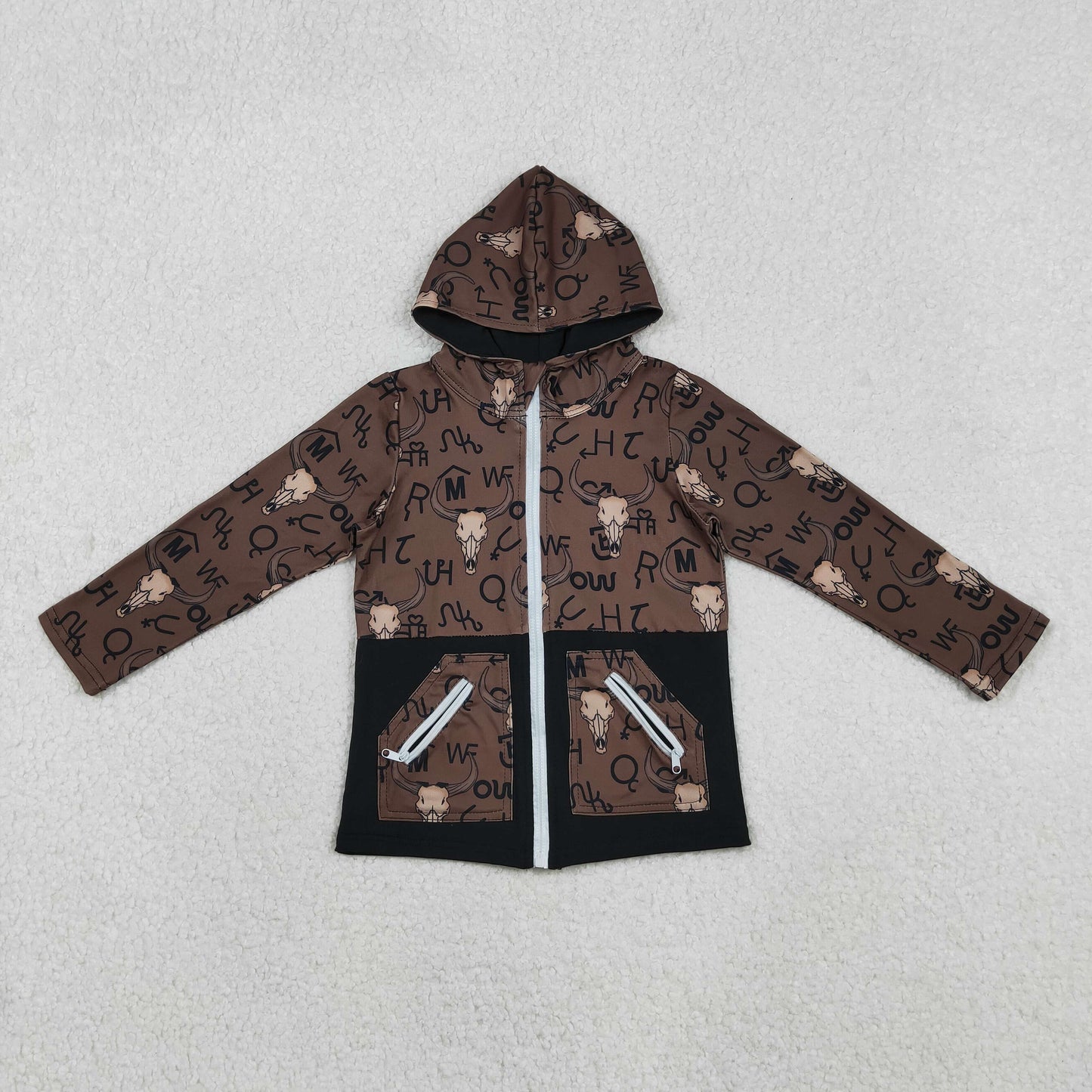 Baby Boys Brown Bull Skulls Pocket Zipper Western Hoodies Jackets Top