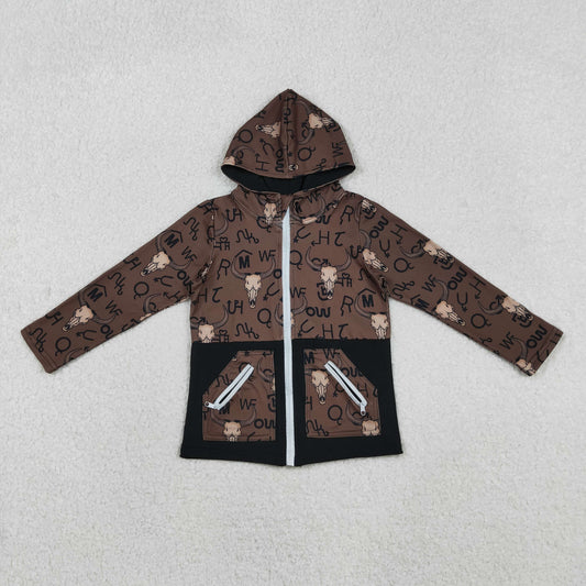 Baby Boys Brown Bull Skulls Pocket Zipper Western Hoodies Jackets Top