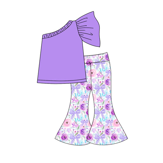 Baby Girls Purple One Shoulder Top Flowers Bows Bell Pants Kids Clothing Sets preorder(MOQ 5)