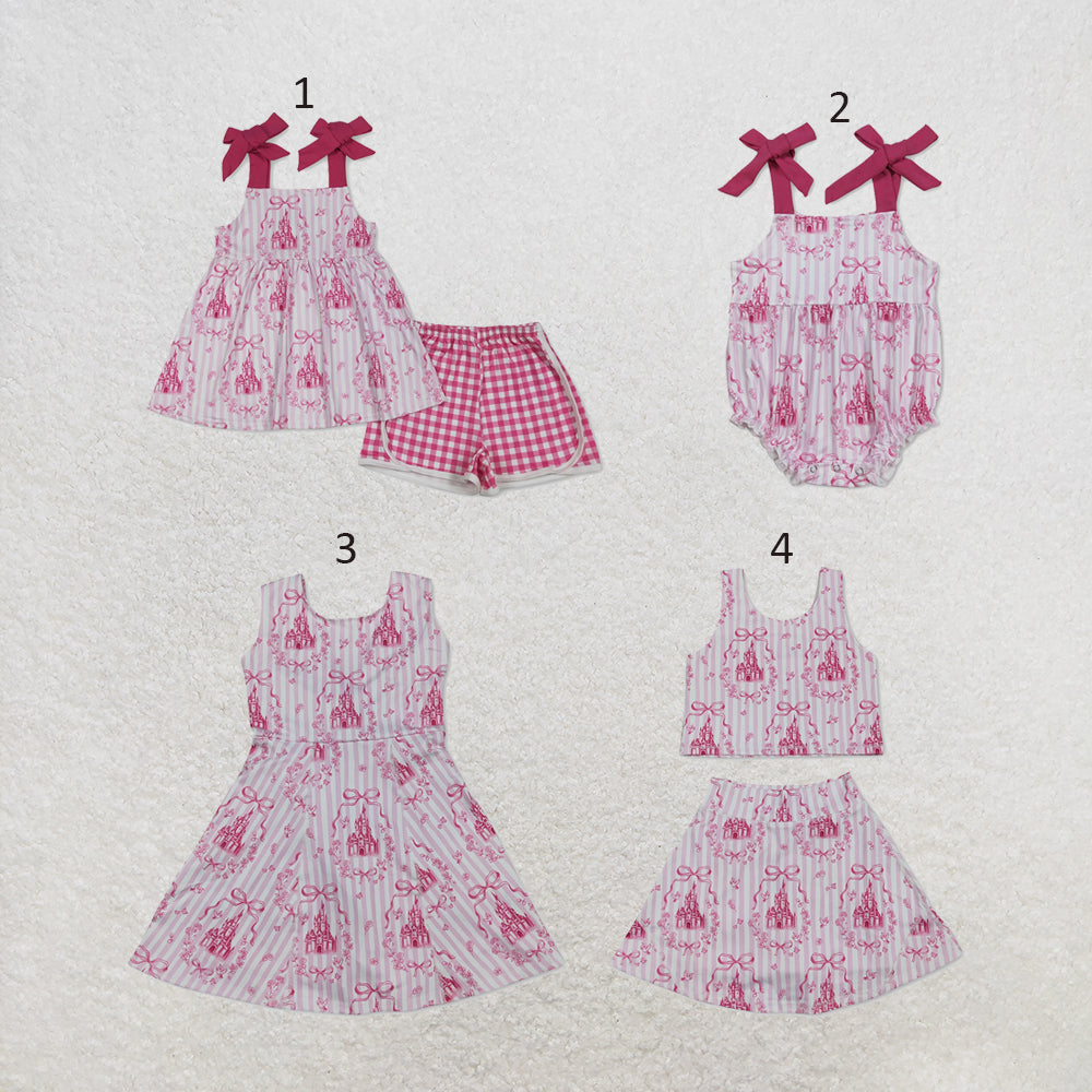 Sibling Baby Girls Castles Bows Clothes Sets Knee Length Dress Rompers