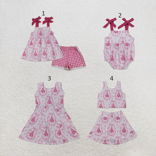 Sibling Baby Girls Castles Bows Clothes Sets Knee Length Dress Rompers
