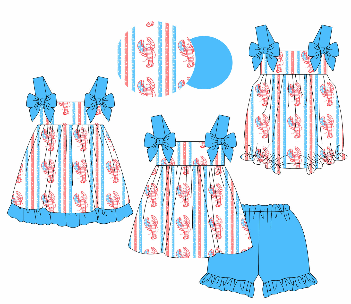 Preorder moq 5 Custom Baby Girls Blue Strap Crayfishes Tunic Ruffle Short Set Knee Length Dress Rompers