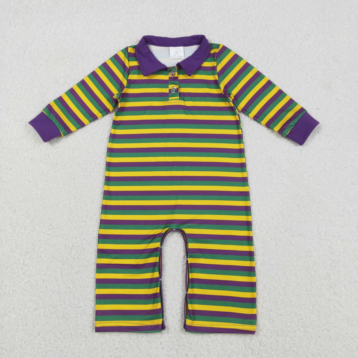 Baby Girls Purple Yellow Green Stripe Button Mardigras Button Footie Romper