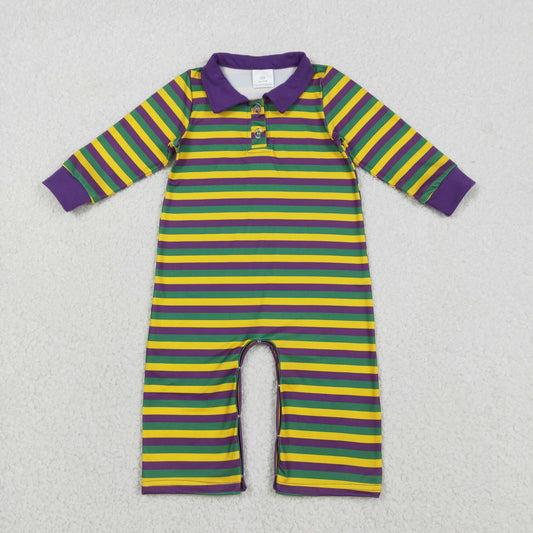 Baby Girls Purple Yellow Green Stripe Button Mardigras Button Footie Romper