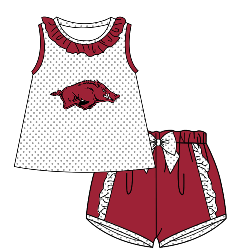 Preorder (moq 5)Baby Girls Arkansas Polka Dots Tunic Ruffle Short Team Clothes Sets
