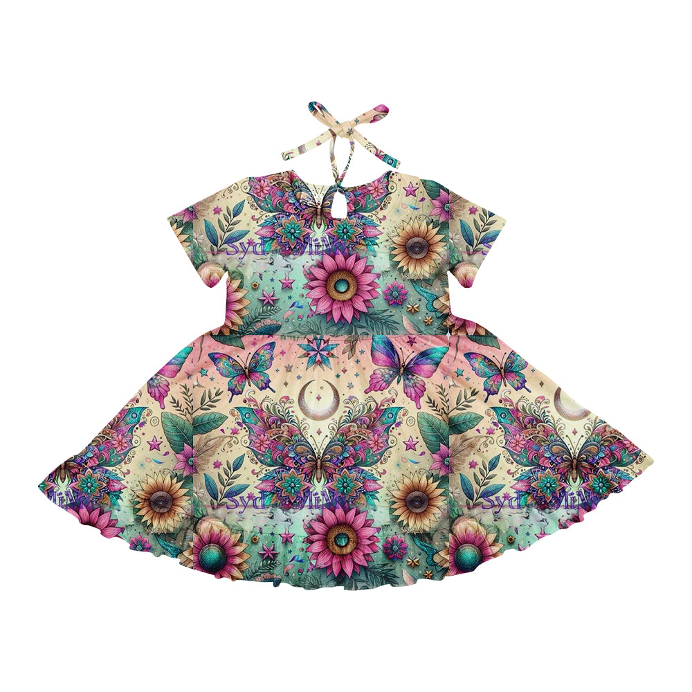 Preorder (moq 5)Baby Girls Butterfly Flowers Short Sleeves Knee Length Dresses