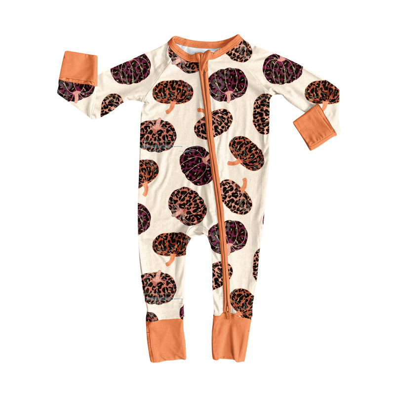 Preorder(moq 5)Baby Girls Leopard Pumpkins Plaid Zipper Pant Rompers