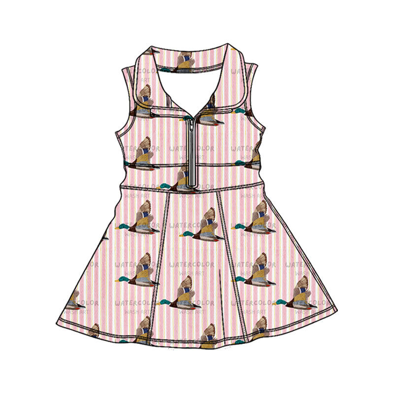 Preorder (moq 5)Baby Girls Pink Stripe Ducks Hunting Zipper Knee Length Dresses
