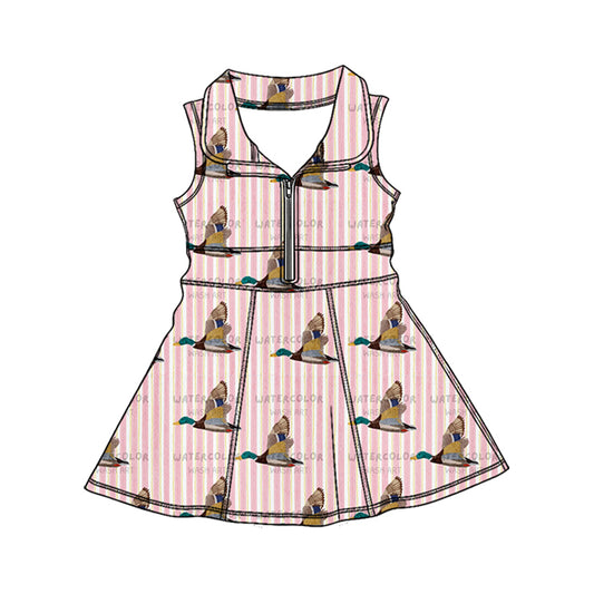Preorder (moq 5)Baby Girls Pink Stripe Ducks Hunting Zipper Knee Length Dresses