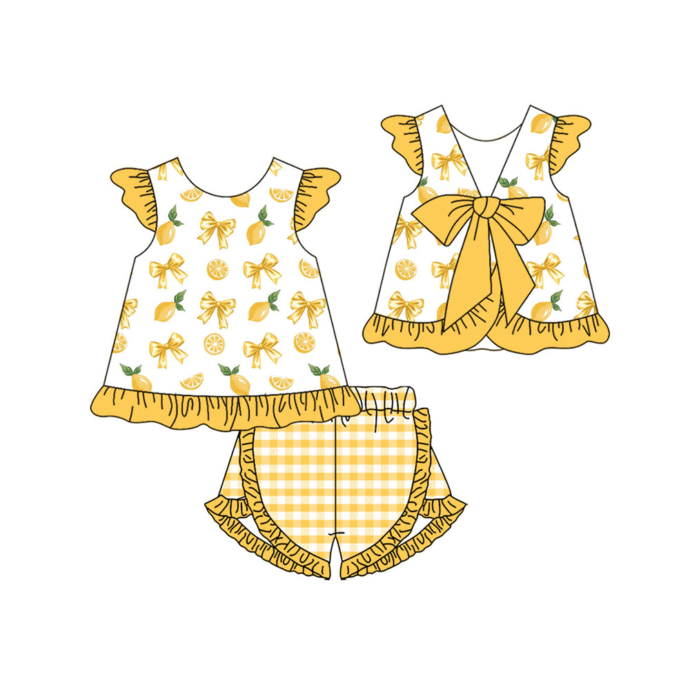 Preorder (moq 5)Baby Girls Lemons Back Bows Tunic Ruffle Checked Short Clothes Sets