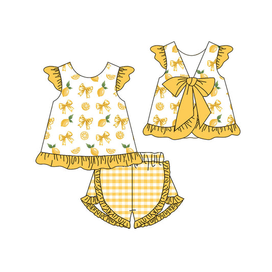 Preorder (moq 5)Baby Girls Lemons Back Bows Tunic Ruffle Checked Short Clothes Sets